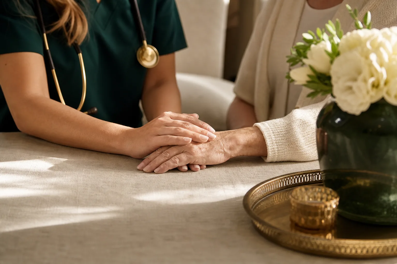 A caregiver's hands resting gently over an older person's hands in warm light
