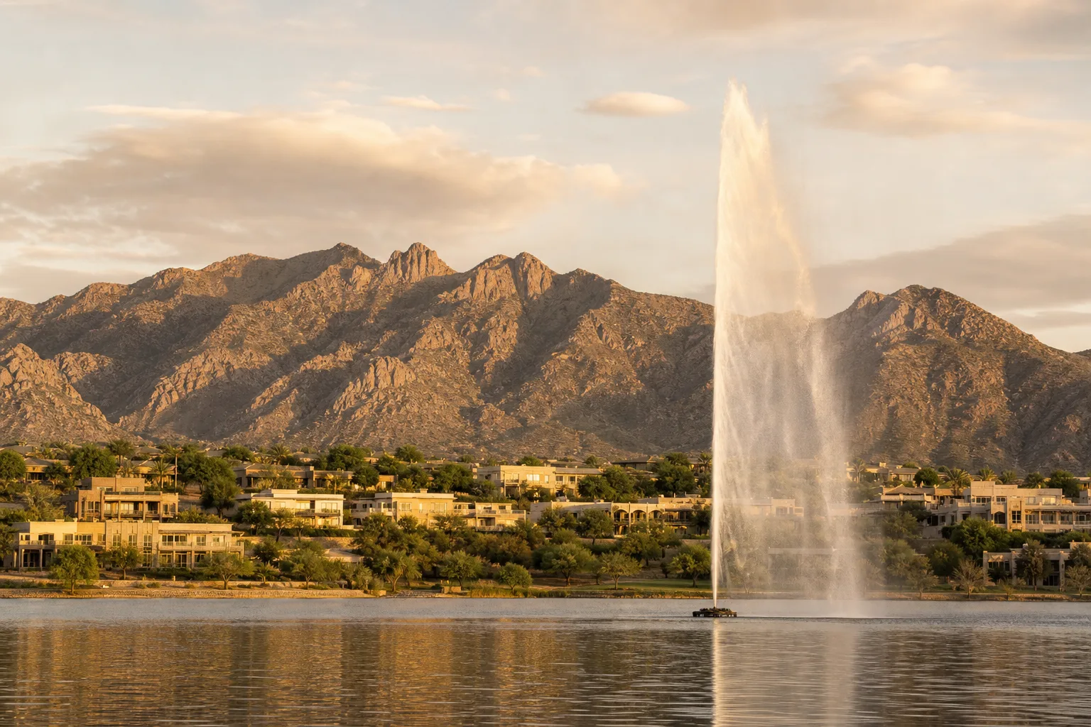 The Fountain Hills fountain with desert mountains in golden light