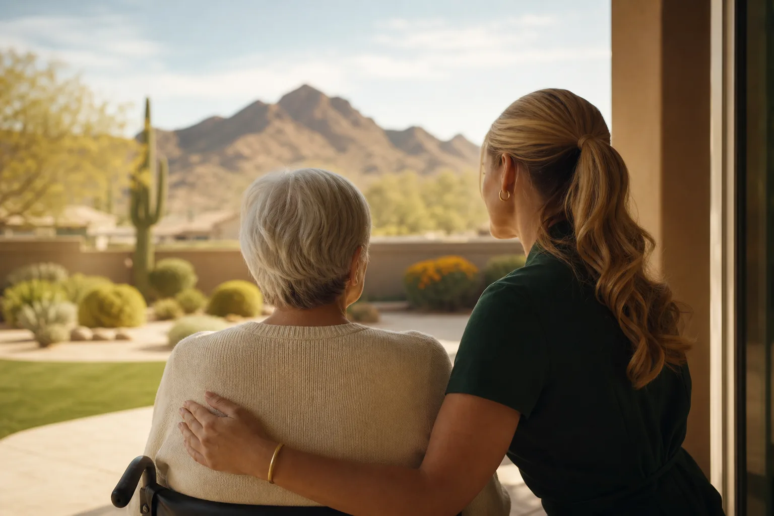 A Mesa desert-suburban scene with mountains in the distance