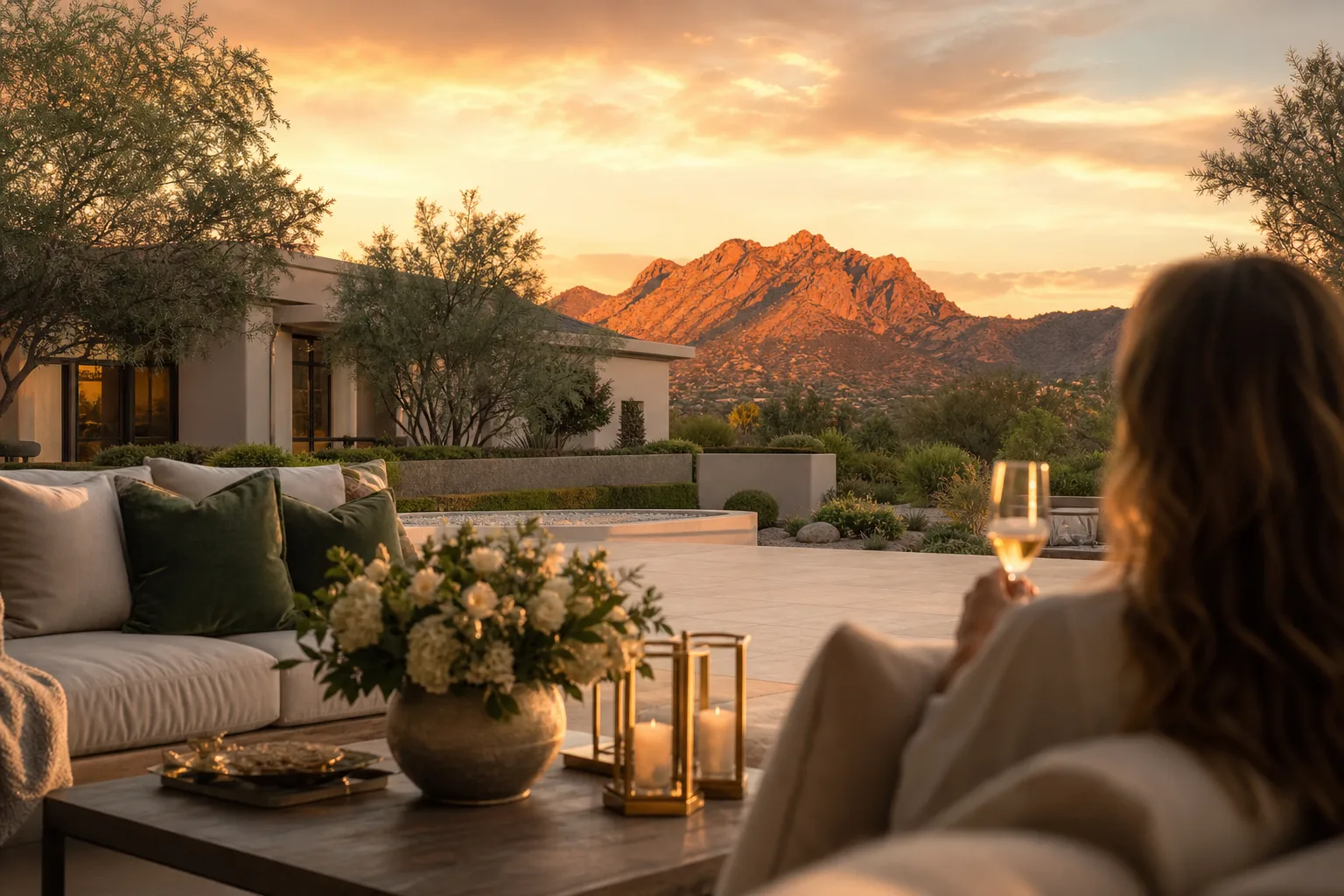 Camelback Mountain at sunset behind a Paradise Valley estate