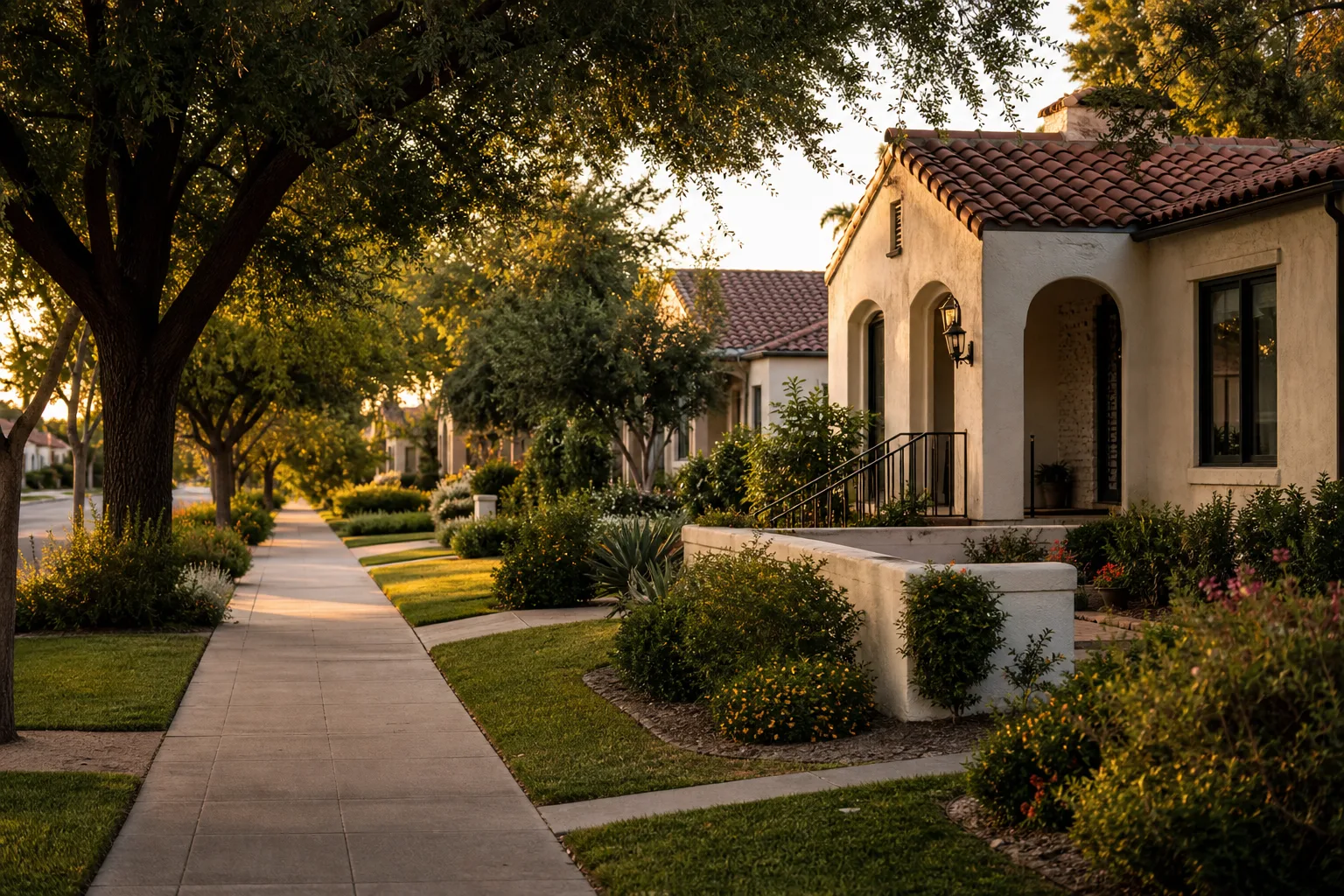 A leafy, tree-lined Tempe neighborhood in gentle evening light