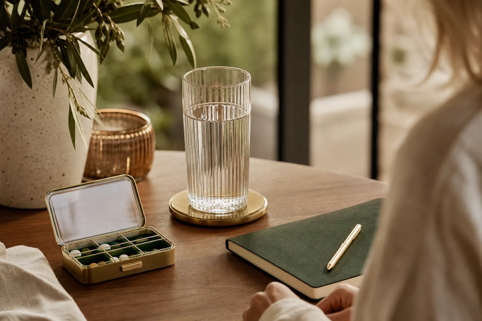 A glass of water, pill organizer, and notebook on a warm wood table