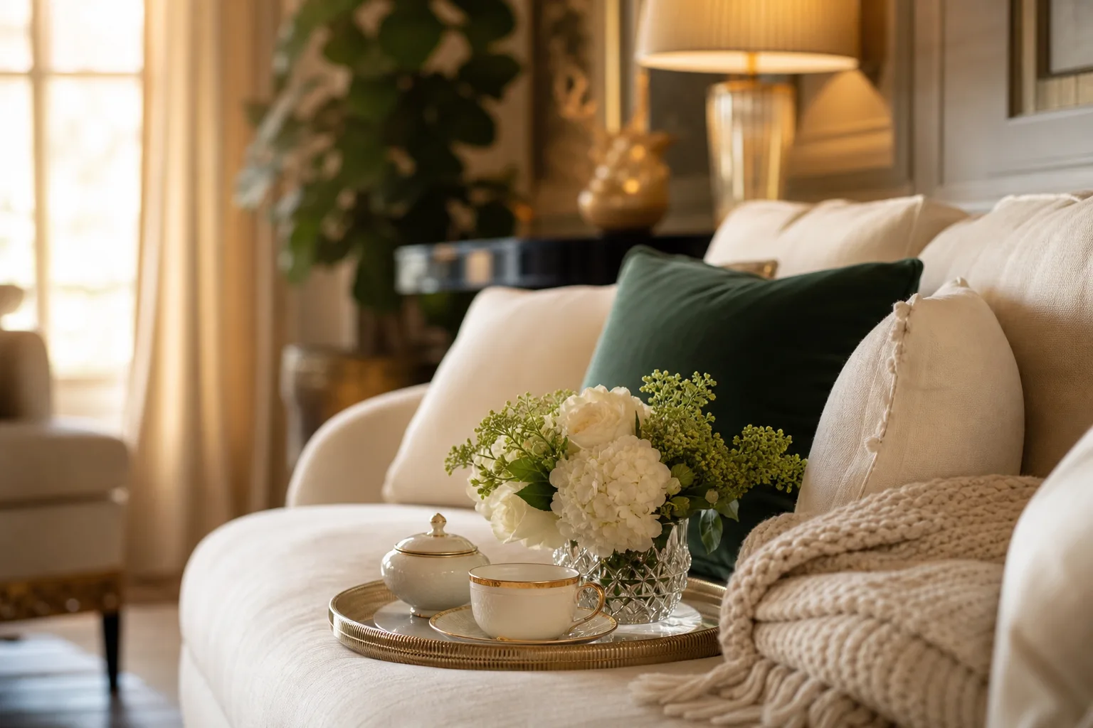 A tray with tea and fresh flowers on a linen sofa in warm light