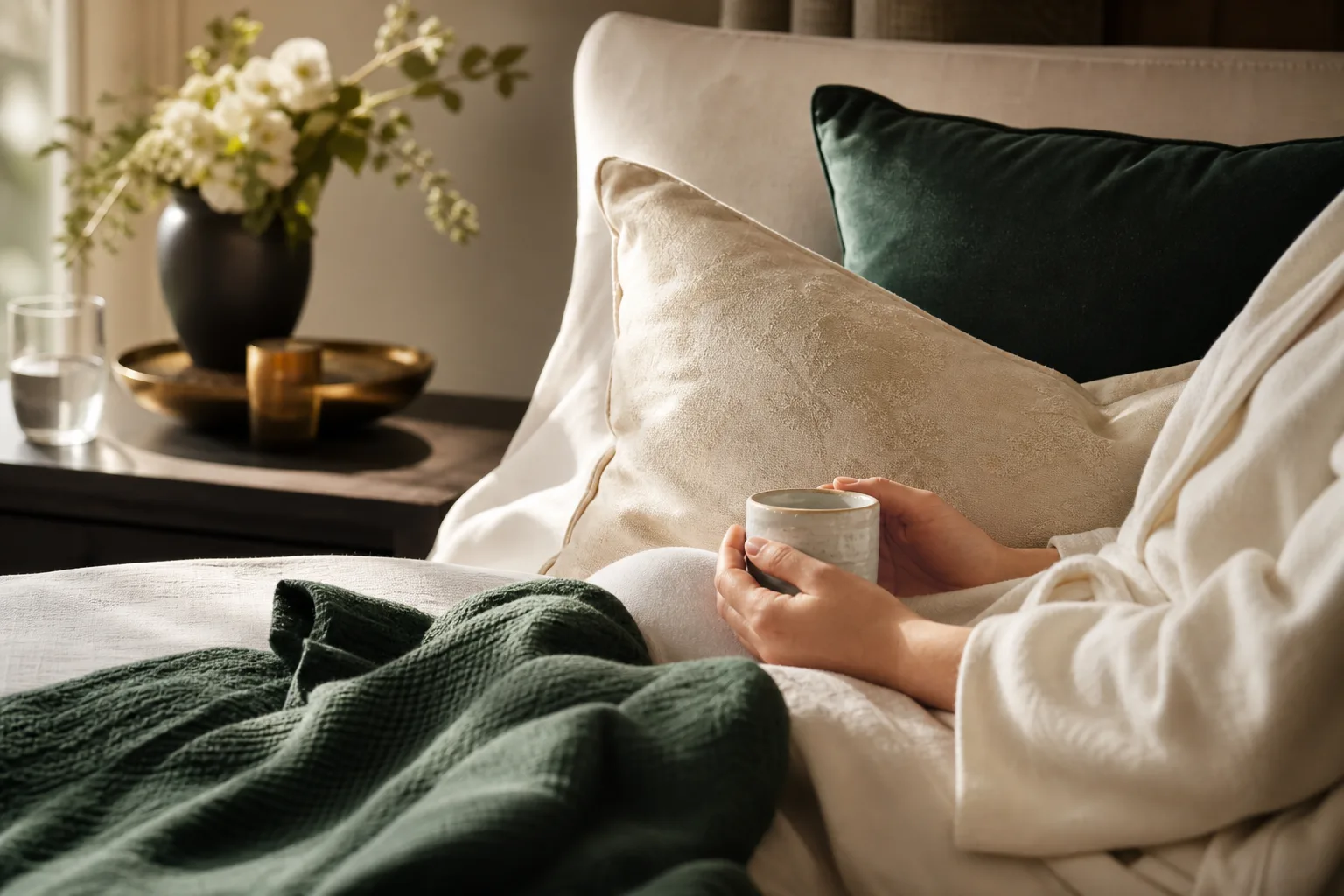 Soft pillows and a folded blanket on a bed in gentle morning light