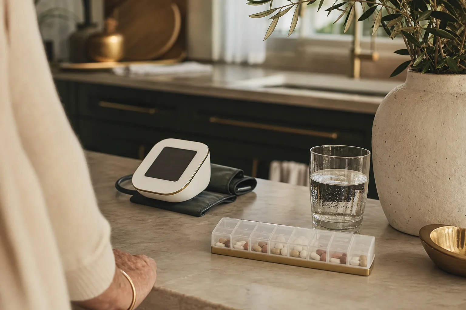 A weekly pill organizer and blood pressure monitor on a sunlit counter