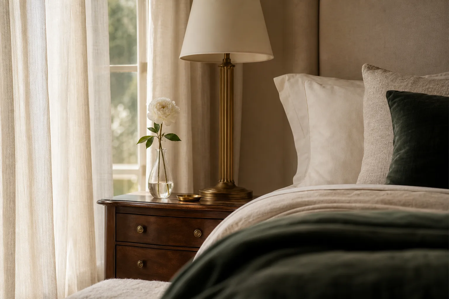 Soft morning light through sheer curtains with a single white flower