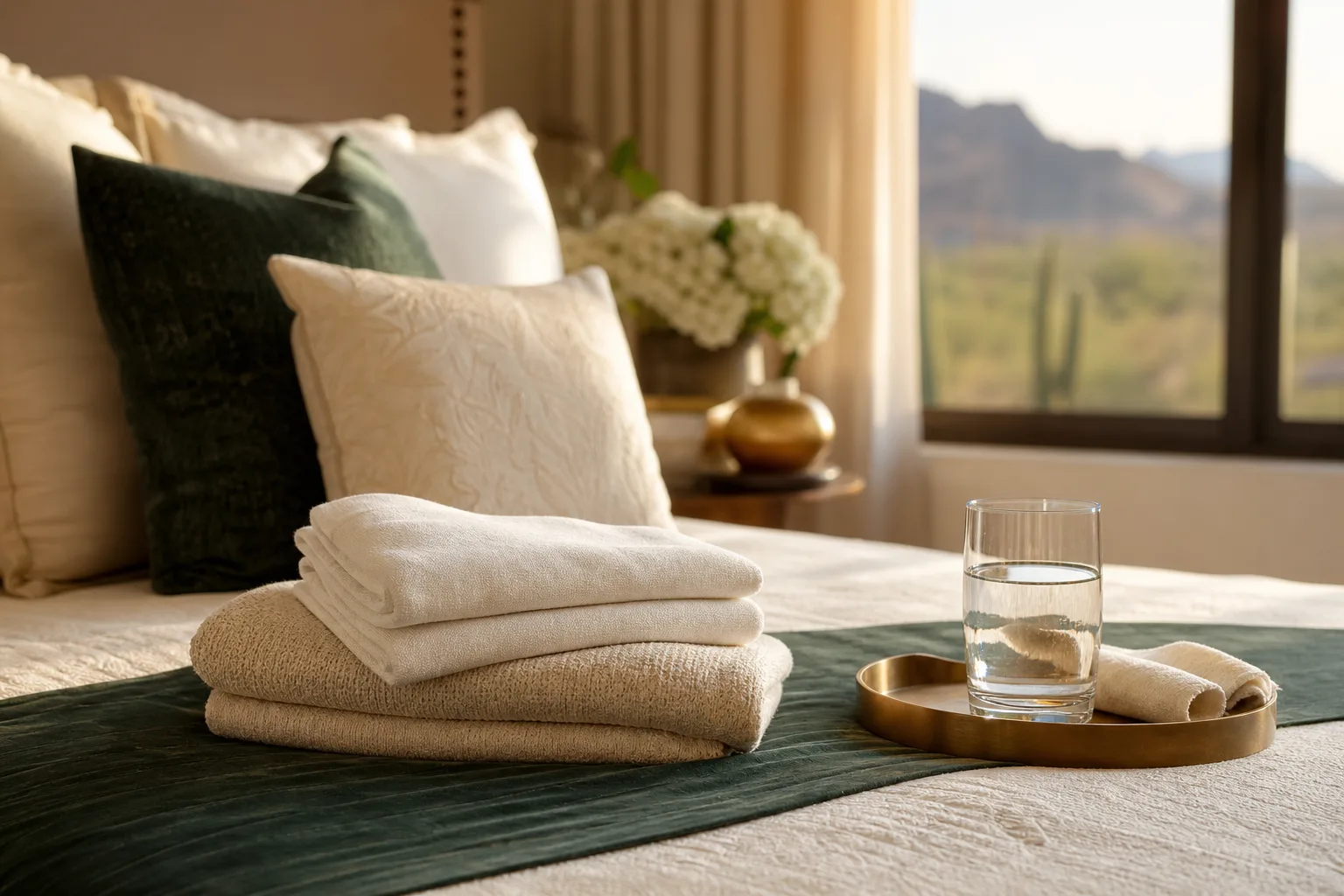 A comfortable home recovery setup with soft linens beside a bright window