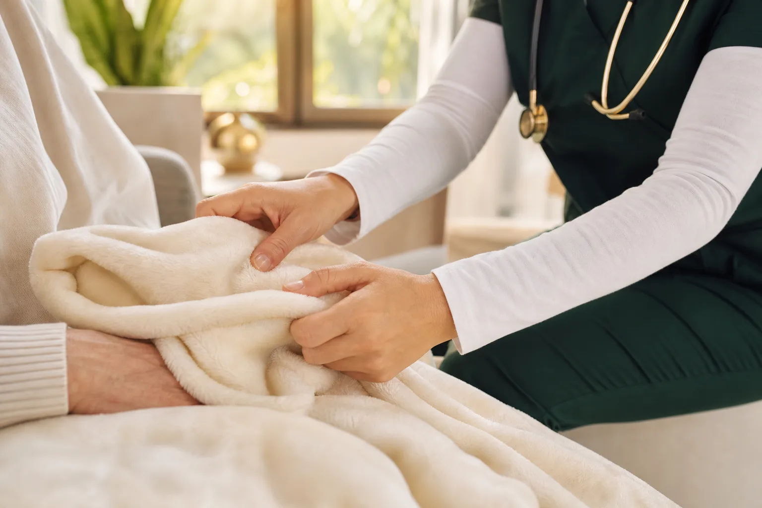 Gentle hands adjusting a soft blanket over a person's lap at home