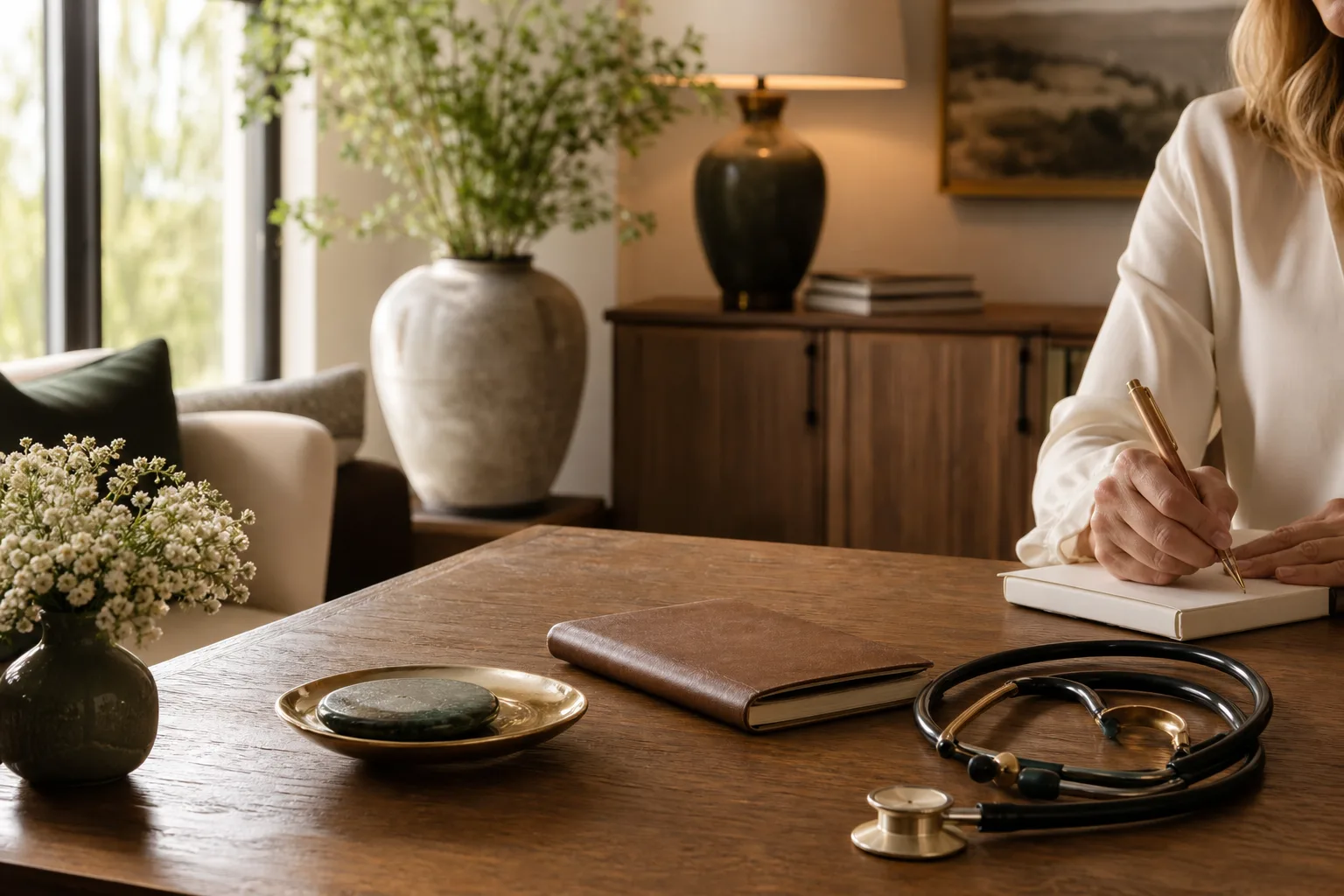 A calm space with a stethoscope and notebook on a wood table in soft light