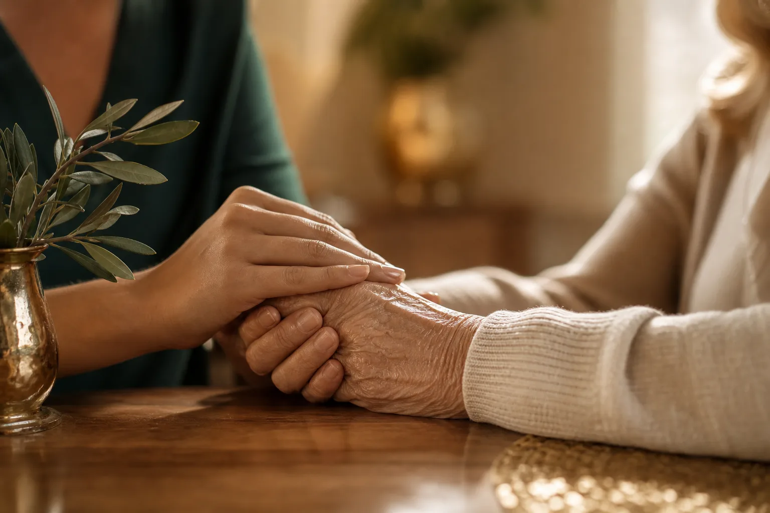 A caregiver's hand resting reassuringly over an older person's hand