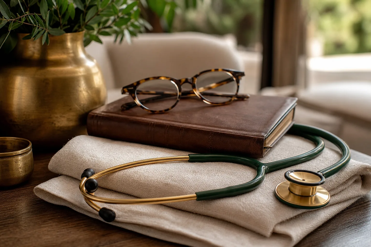 A stethoscope, leather notebook, and reading glasses on folded linen